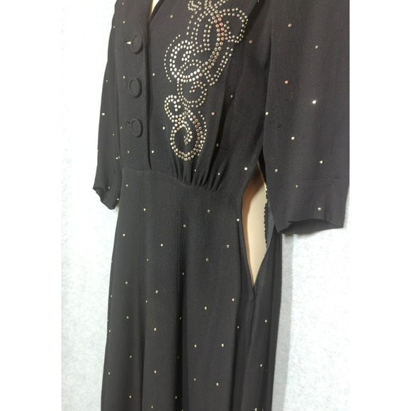 Rare Vtg 1930s Art Deco Black Nail Head Studded Dress S Whimsigoth Vamp Jive - Picture 6 of 16